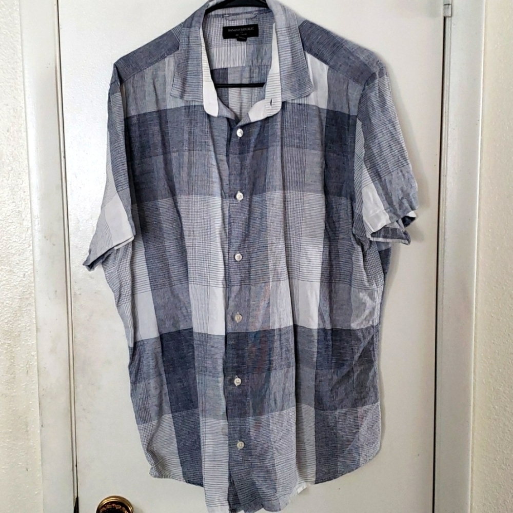 Banana Republic Blue Plaid 100% Linen/Cotton Slim Fit Short Sleeve Shirt Size XL